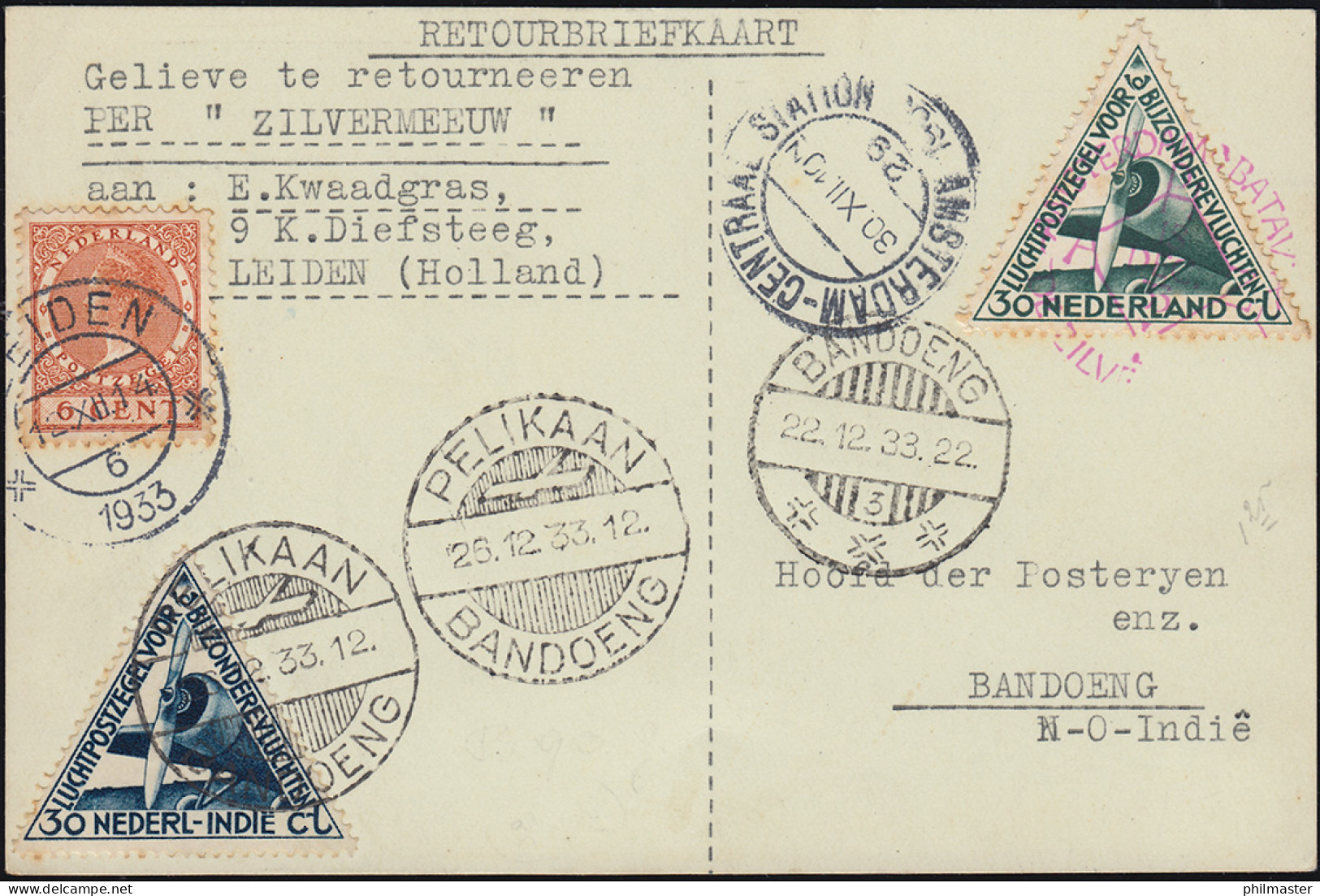 KLM-Flugpost Zilvermeeuw/Pelikaan Leiden-Bandoeng-Amsterdam 12.12.33 - Posta Aerea