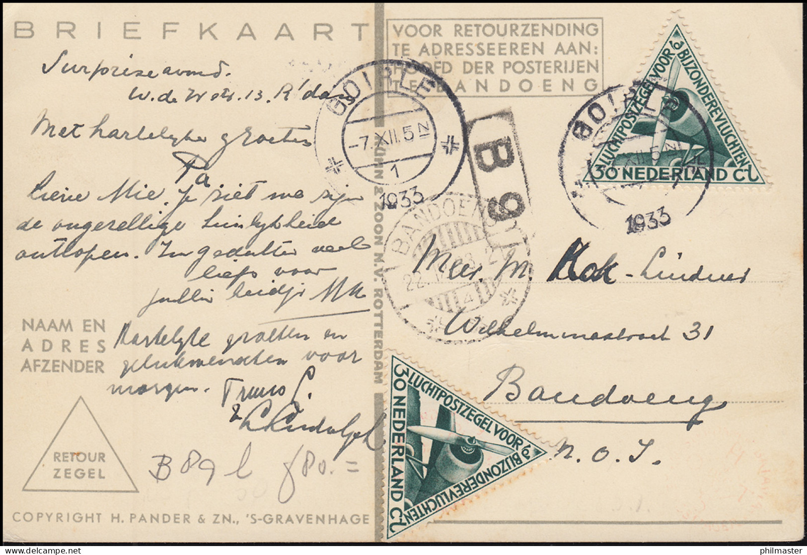 KLM-Flugpost Postjager/Pelikaan Amsterdam-Bandoeng Ab GOIRLE 7.12.33  - Airmail