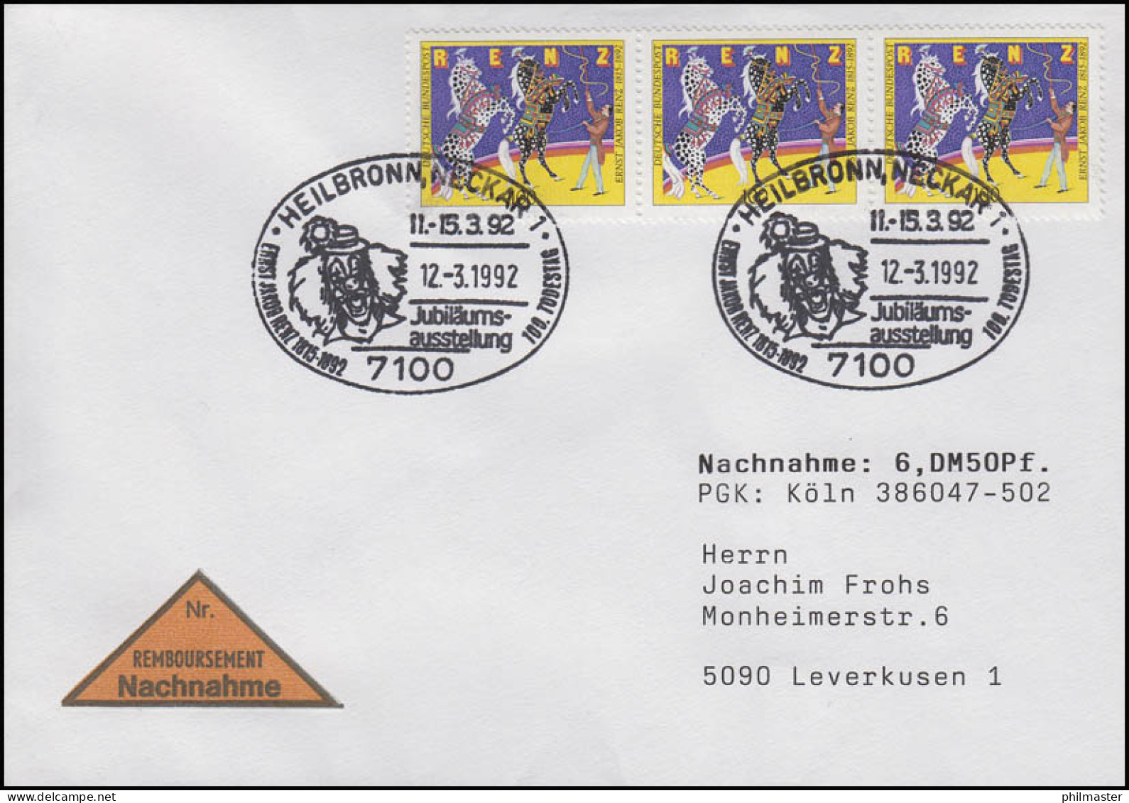 1600 Zirkus Renz, 3er-Streifen MeF NN-FDC ESSt Heilbronn Clown 12.3.1992 - Zirkus