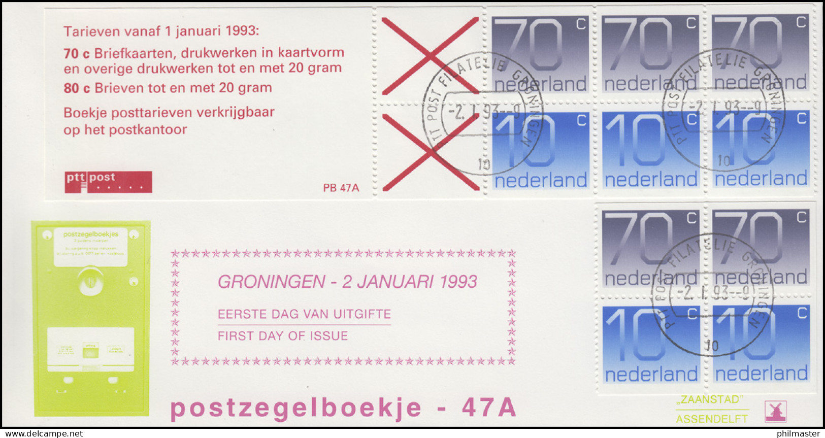 Niederlande Heftchenblatt 48 PB 47A Ziffern Tarieven, Schmuck-FDC 2.1.93 - Carnets Et Roulettes