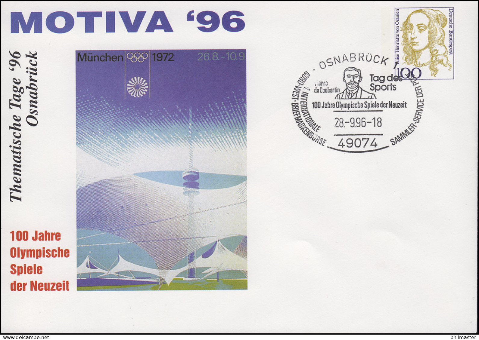 PU 350 Frauen 100 Pf MOTIVA'96 Olympische Spiele, SSt Osnabrück 28.9.1996 - Privé Briefomslagen - Ongebruikt