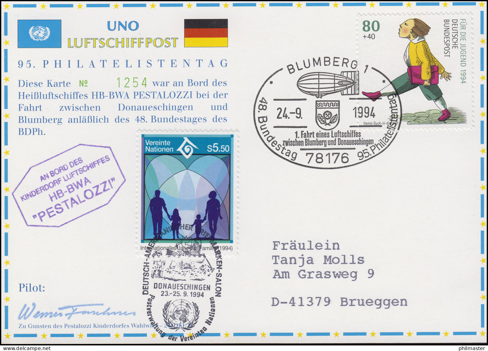 Luftschiffspost DKL 26 B PESTALOZZI 48. BDPh-Bundestag & UNO BLUMBERG 24.9.94 - Zeppelins