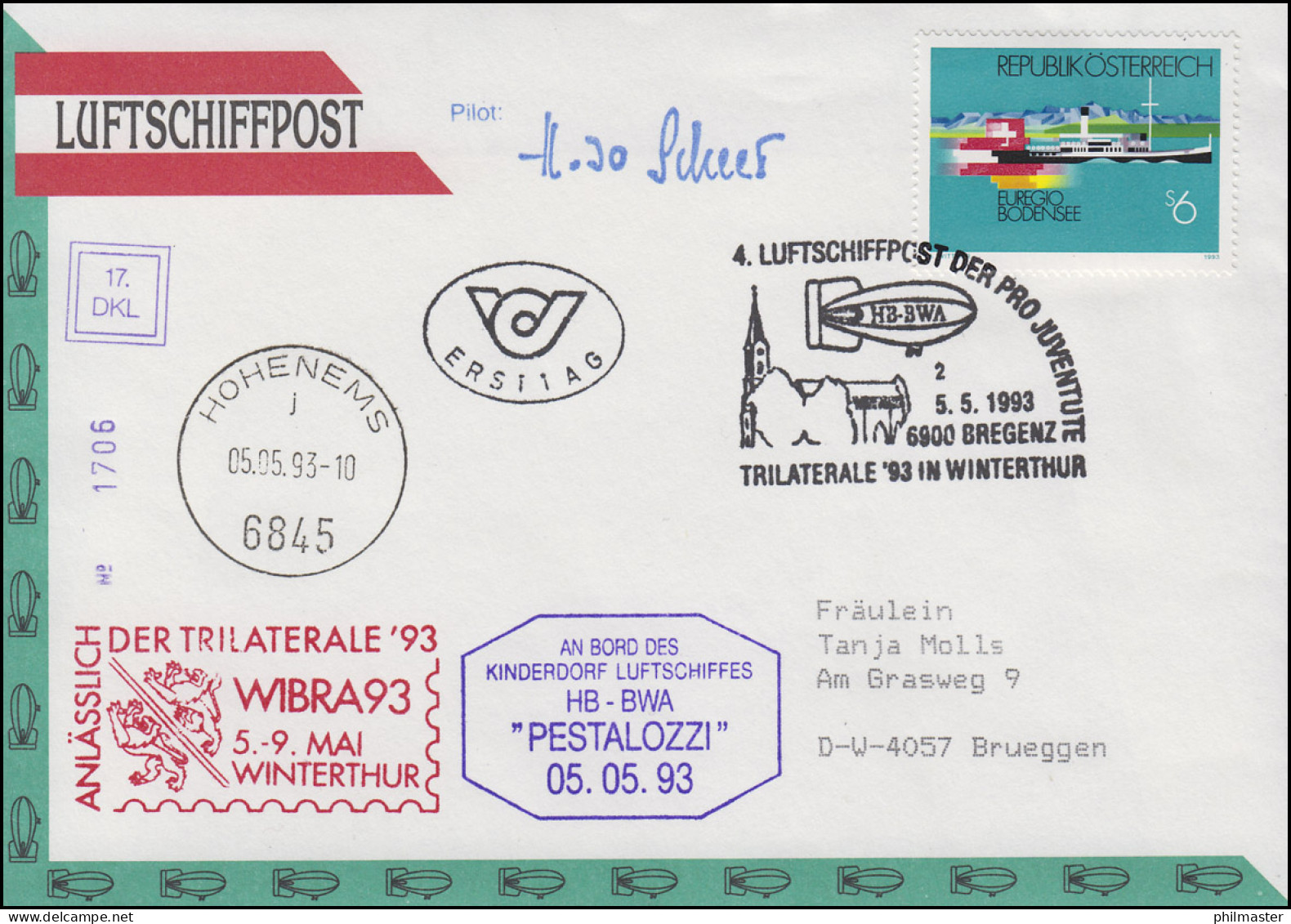 Luftschiffspost DKL 17 PESTALOZZI WIBRA93 Winterthur FDC ESSt Bregenz 5.5.1993 - Zeppelins