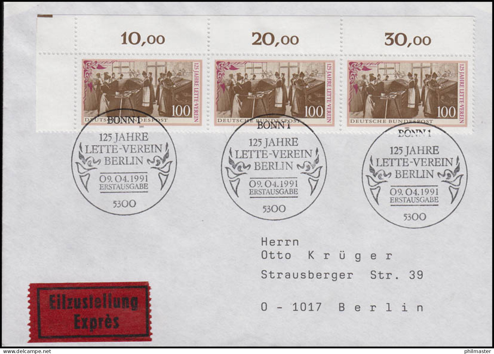 1521 Lette-Verein, ER-3er-Streifen MeF Eil-FDC ESSt Bonn 9.4.1991 - Femmes Célèbres