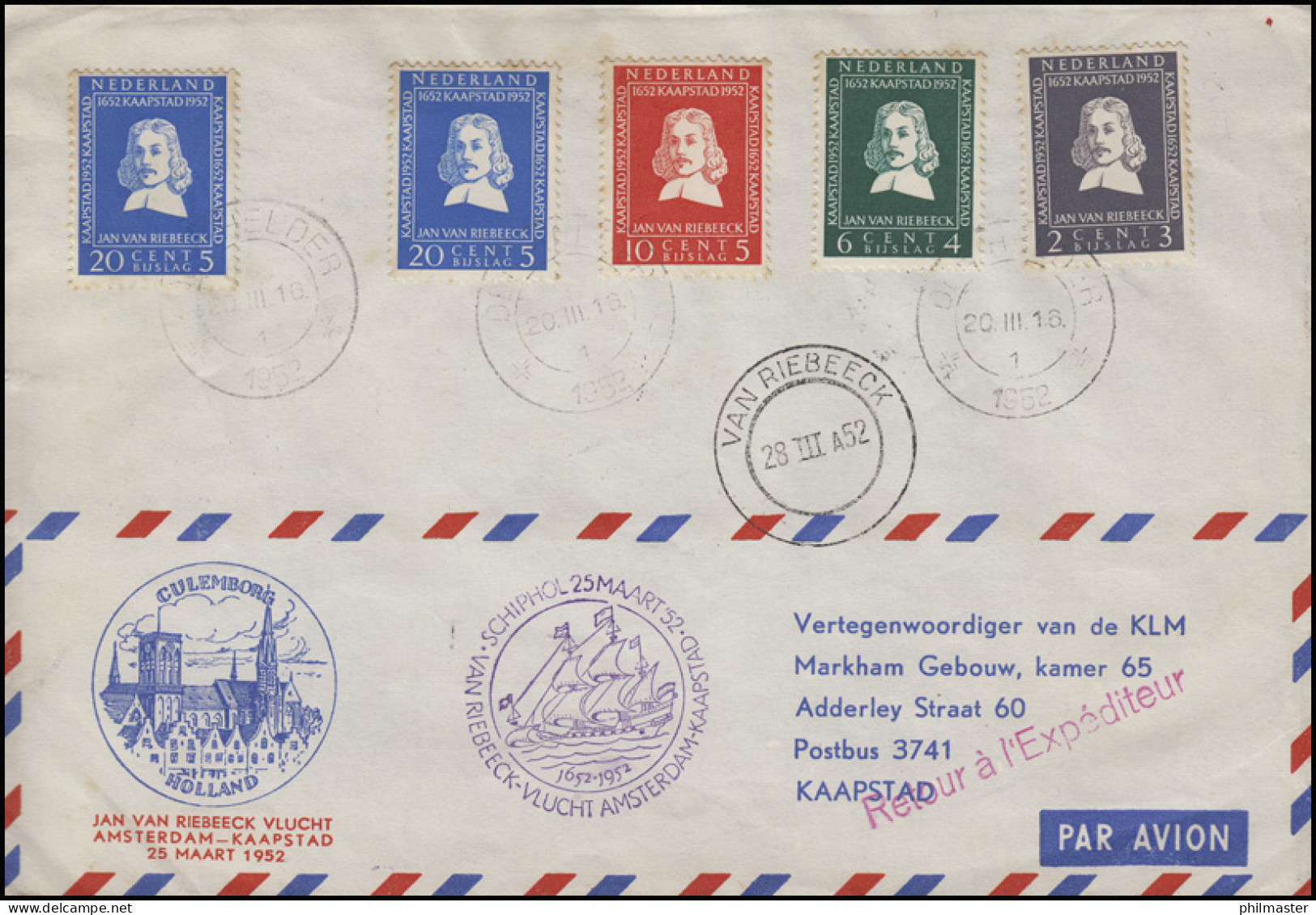 Sonderflug Amsterdam-Kaapstad KLM Jan Van Riebeeck 25.3.1952 + Zurück SSt 6.4.52 - Posta Aerea