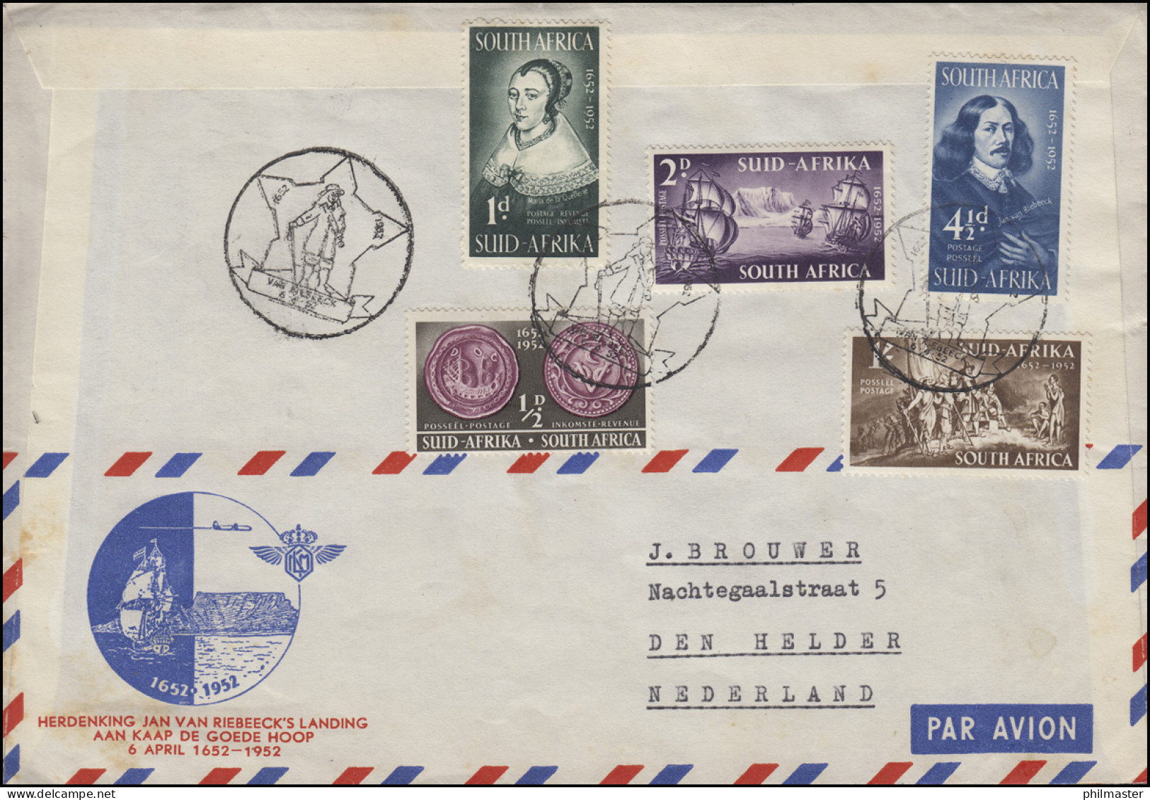 Sonderflug Amsterdam-Kaapstad KLM Jan Van Riebeeck 25.3.1952 + Zurück SSt 6.4.52 - Airmail