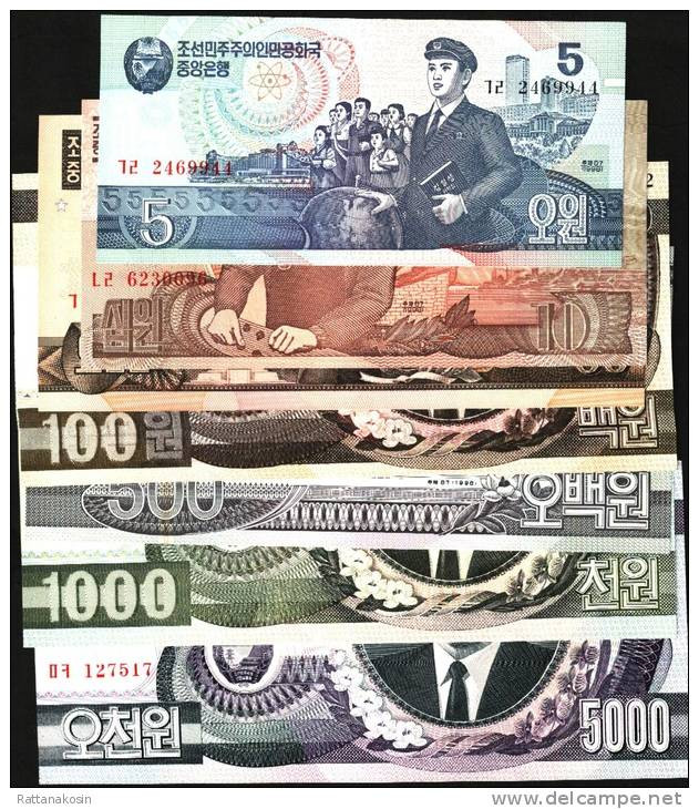 KOREA NORTH  P40-46  5  & 10 W 1998,50 & 100 W.1992,500 W 1998,1000  & 5000 W 2002 Set Of 7 UNC. - Korea, North