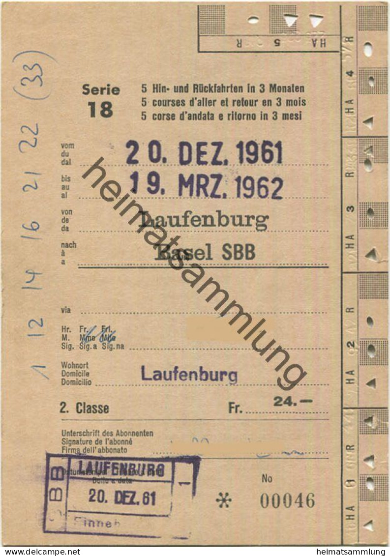 Schweiz - Laufenburg Basel SBB - 5 Hin- Und Rückfahrten In 3 Monaten - Serie 18 - Fahrkarte 1961/62 - Europa