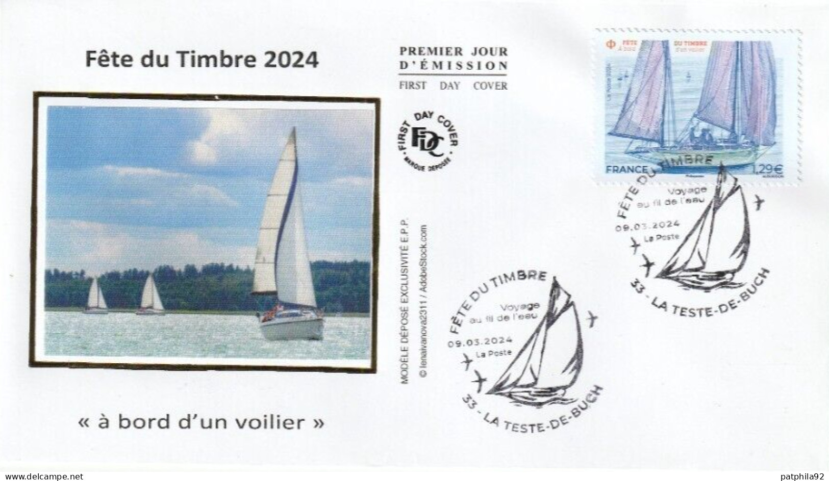 Fdc 2024_Envel. 1er Jour_fdc_soie_Fête Du Timbre, "à Bord D'un Voilier". PJ 33 La Teste-de-Buch 09/03/24. - 2020-…