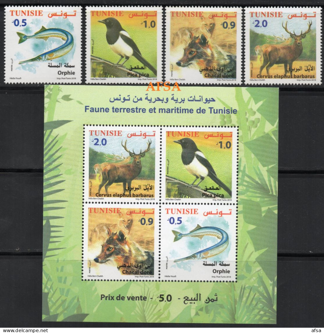 2018-Faune Terrestre Et Maritime De Tunisie (Bloc-feuillet +série Complète) // Fauna (full Set +Mini Sheet) - Tunisia