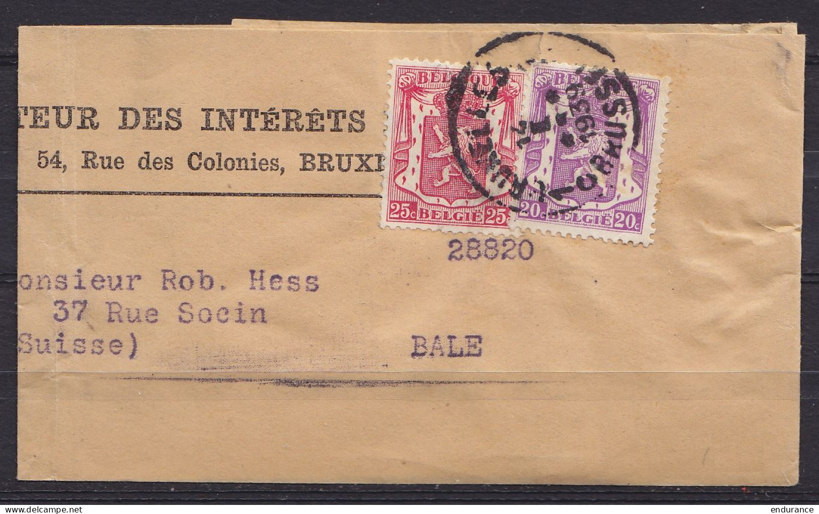 Bande Journal "Moniteur Des Intérêts" Affr. N°422+423 Càd BRUXELLES 1C /14 II 1939 Pour BALE (Suisse) - 1935-1949 Small Seal Of The State
