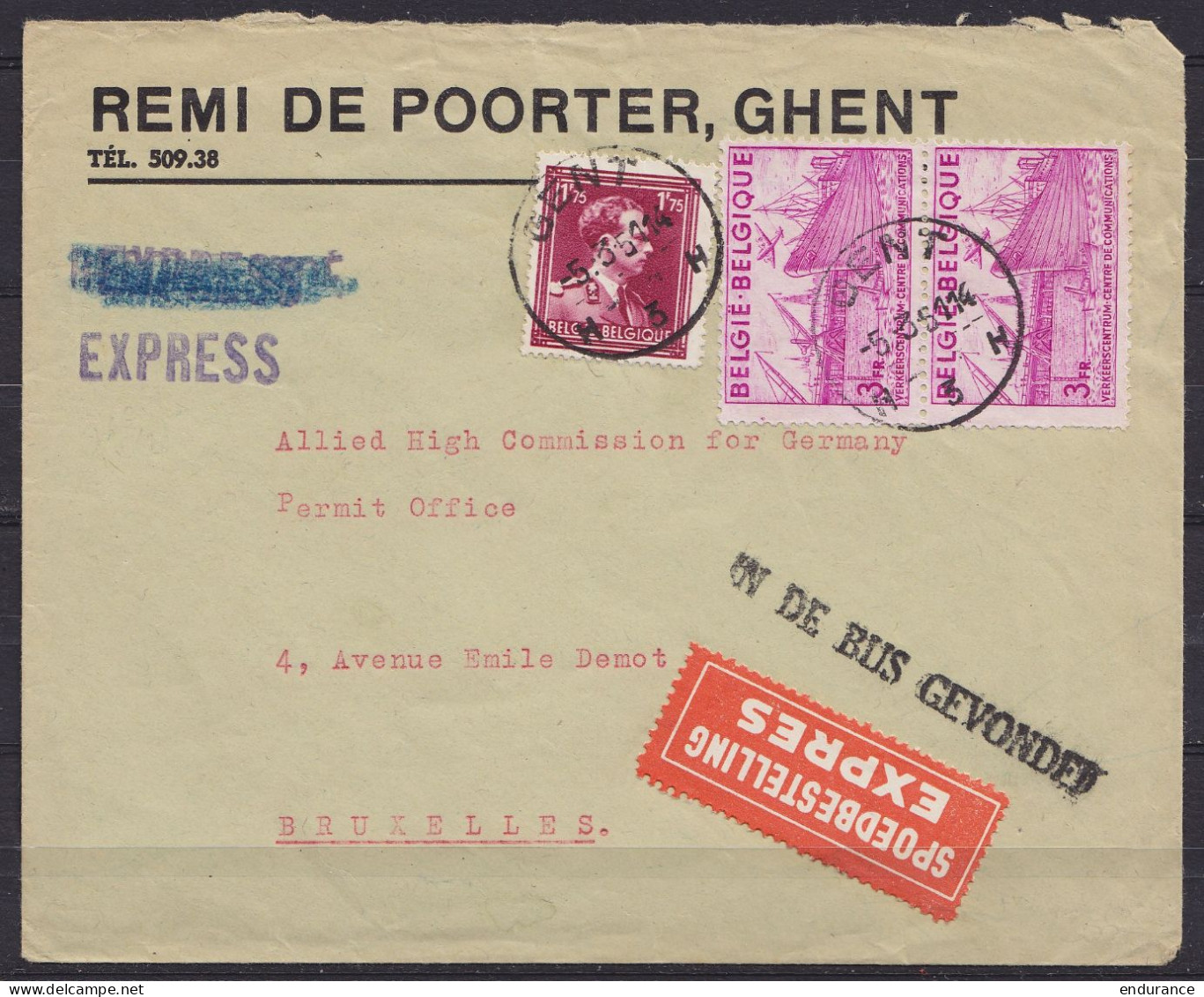 L. Exprès "Remi De Poorter Ghent" Affr. N°832+770x2 Càd GENT 3H /5-3-1951 Pour BRUXELLES - Griffe "IN DE BUS GEVONDEN" ( - 1936-1957 Open Kraag