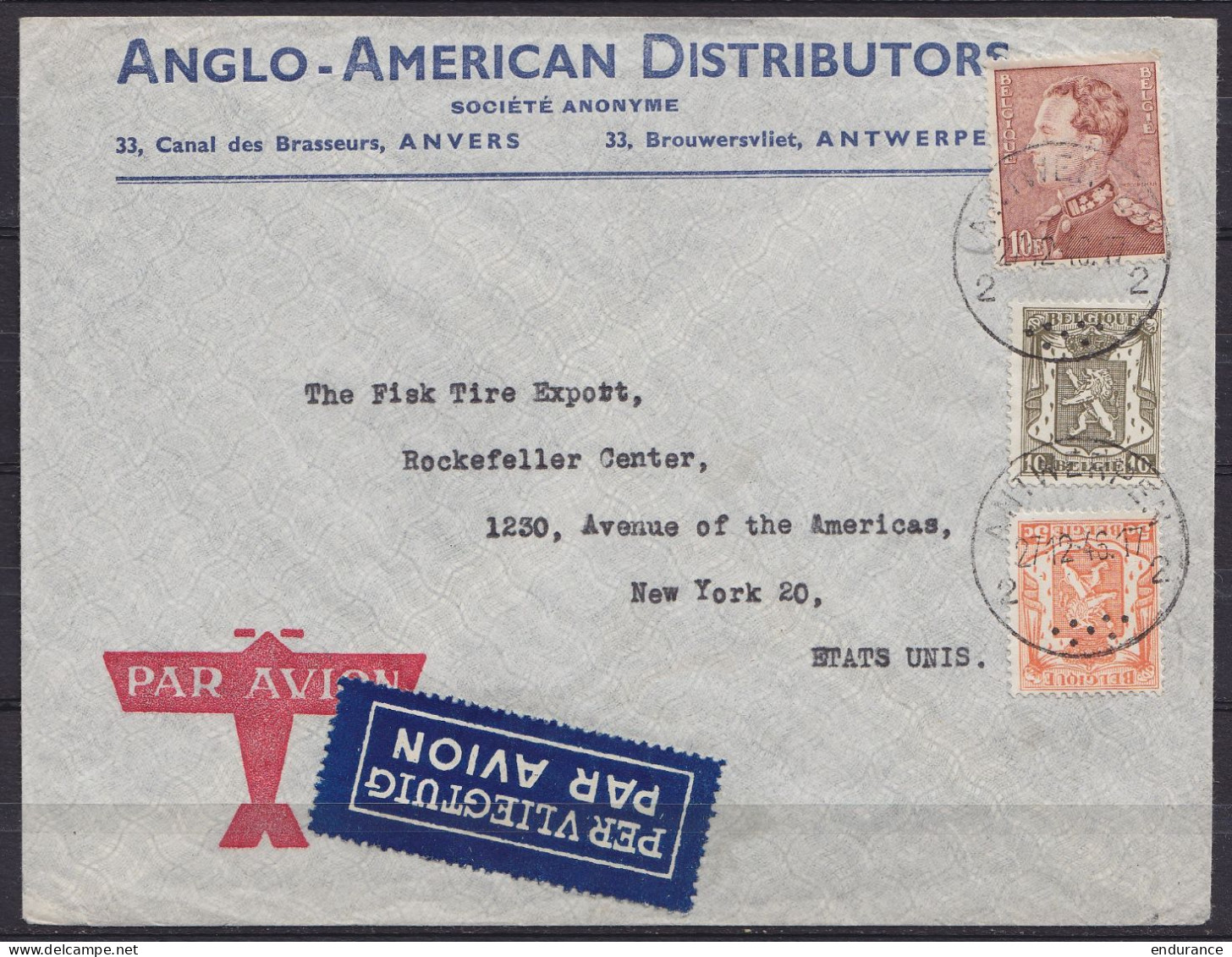 L. Entête "Anglo-American Distributors" Par Avion Affr. N°420+419+434A Càd ANTWERPEN 2 /27-12-1946 Pour NEW-YORK - 1936-51 Poortman