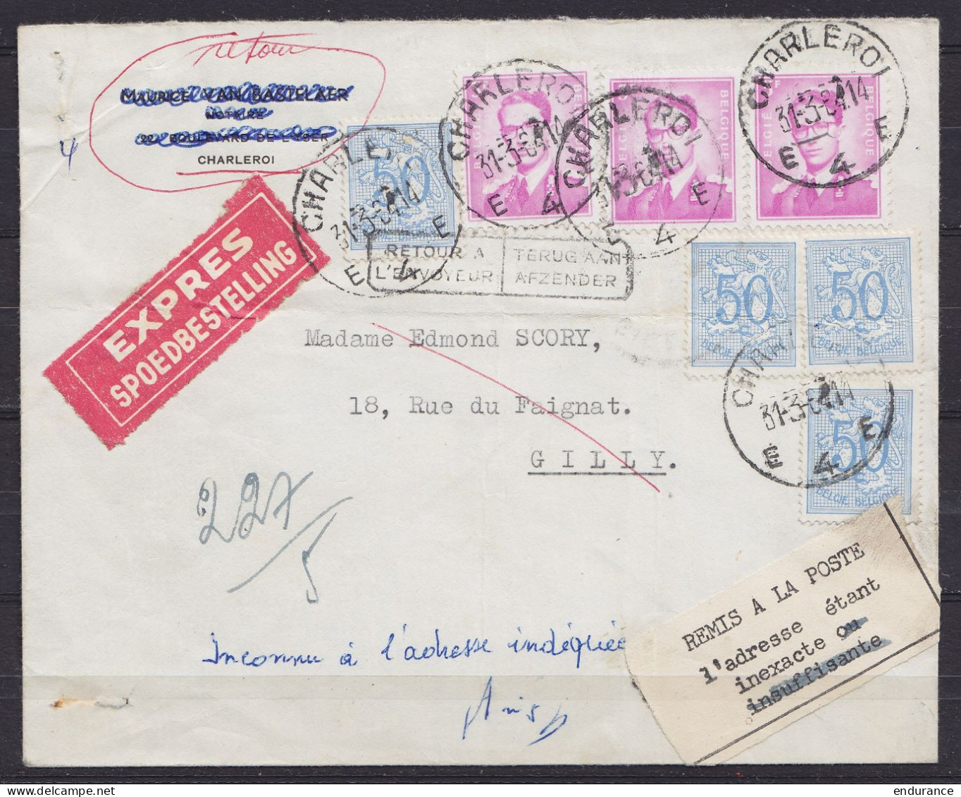 L. Exprès Affr. N°1067x3+854x4 Càd CHARLEROI E4 /31-3-1964 Pour GILLY - étiq. "REMIS A LA POSTE / L'adresse étant Inexac - 1953-1972 Brillen