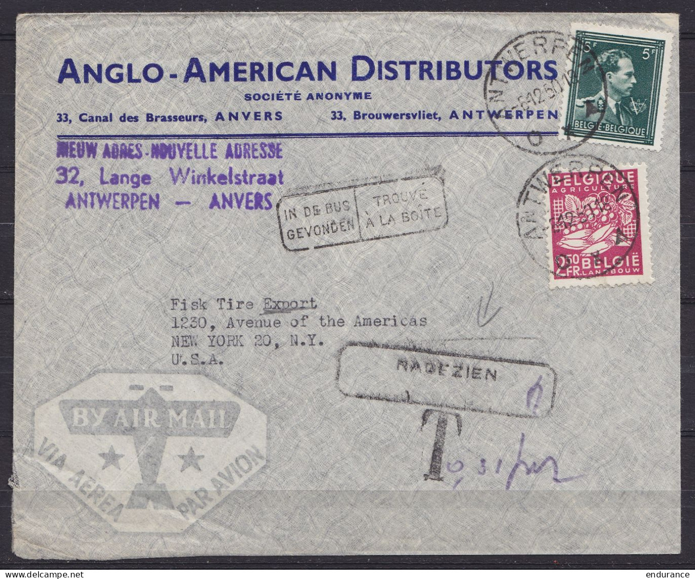 L. Entête "Anglo-American Distributors" Par Avion Affr. N°769+696 Càd ANTWERPEN OXA / -5-12-1950 Pour NEW-YORK - Griffes - 1936-1957 Collar Abierto