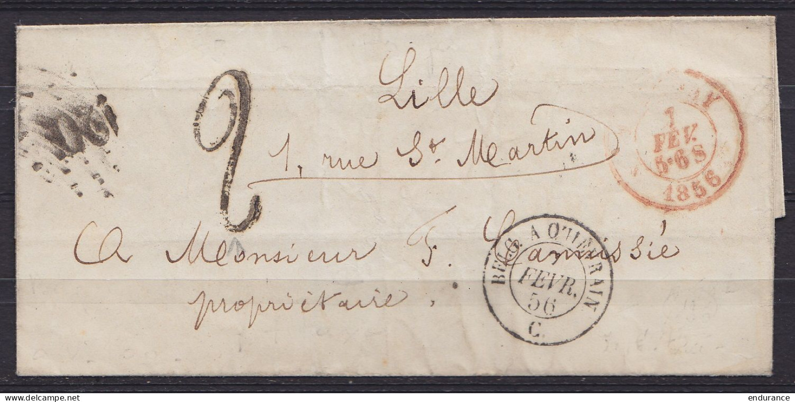 LSC (sans Texte) Càd TOURNAY /7 FEV 1856 Pour LILLE - Càd "BELG. A QUIEVRAIN /7 FEVR 56/C" - "2" Au Tampon (port Intérie - 1851-1857 Médaillons (6/8)