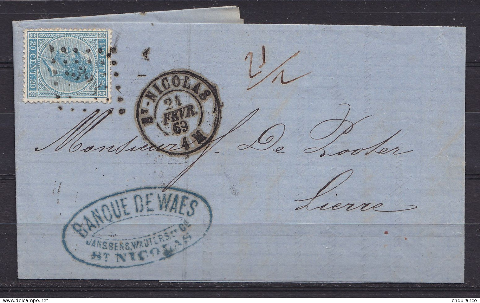 L. Affr. N°18 Lpts "328" Càd ST-NICOLAS /24 FEVR 1869 Pour LIERRE - 1865-1866 Perfil Izquierdo