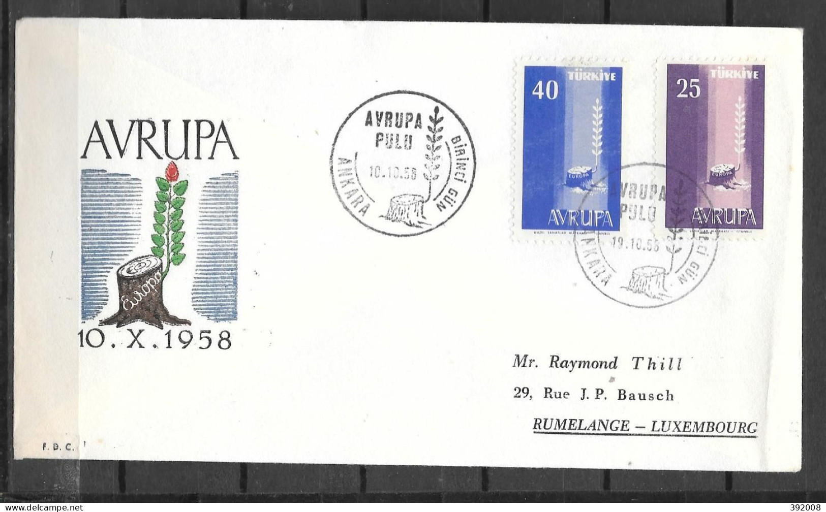 1958 - FDC - TURQUIE - 8 - Pliure à Drooite - 1958