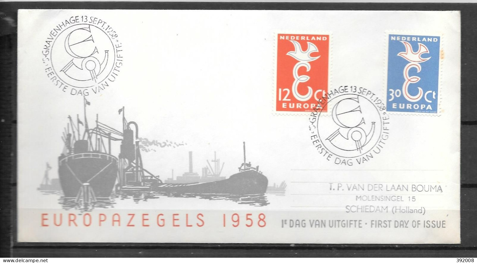 1958 - FDC - PAYS-BAS - 7 - 4 - Pliure à Droite - 1958