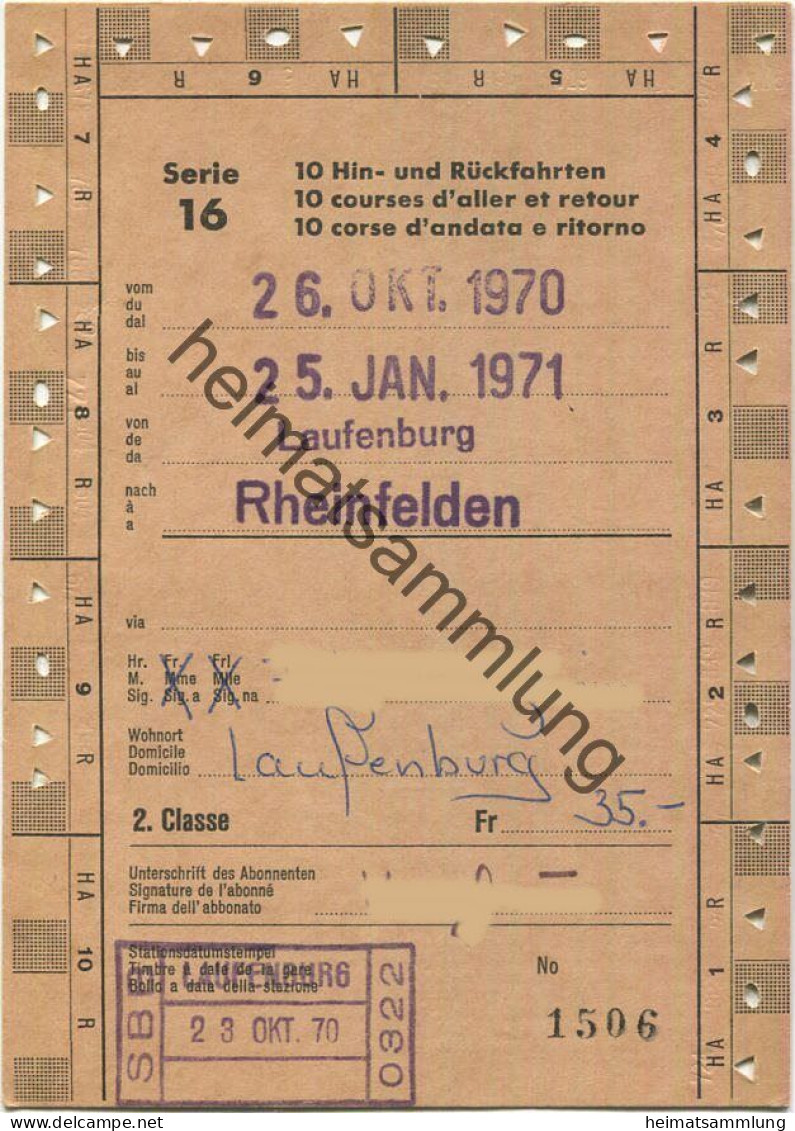 Schweiz - Laufenburg Rheinfelden - 10 Hin- Und Rückfahrten - Serie 16 - Fahrkarte 1970/71 - Europa