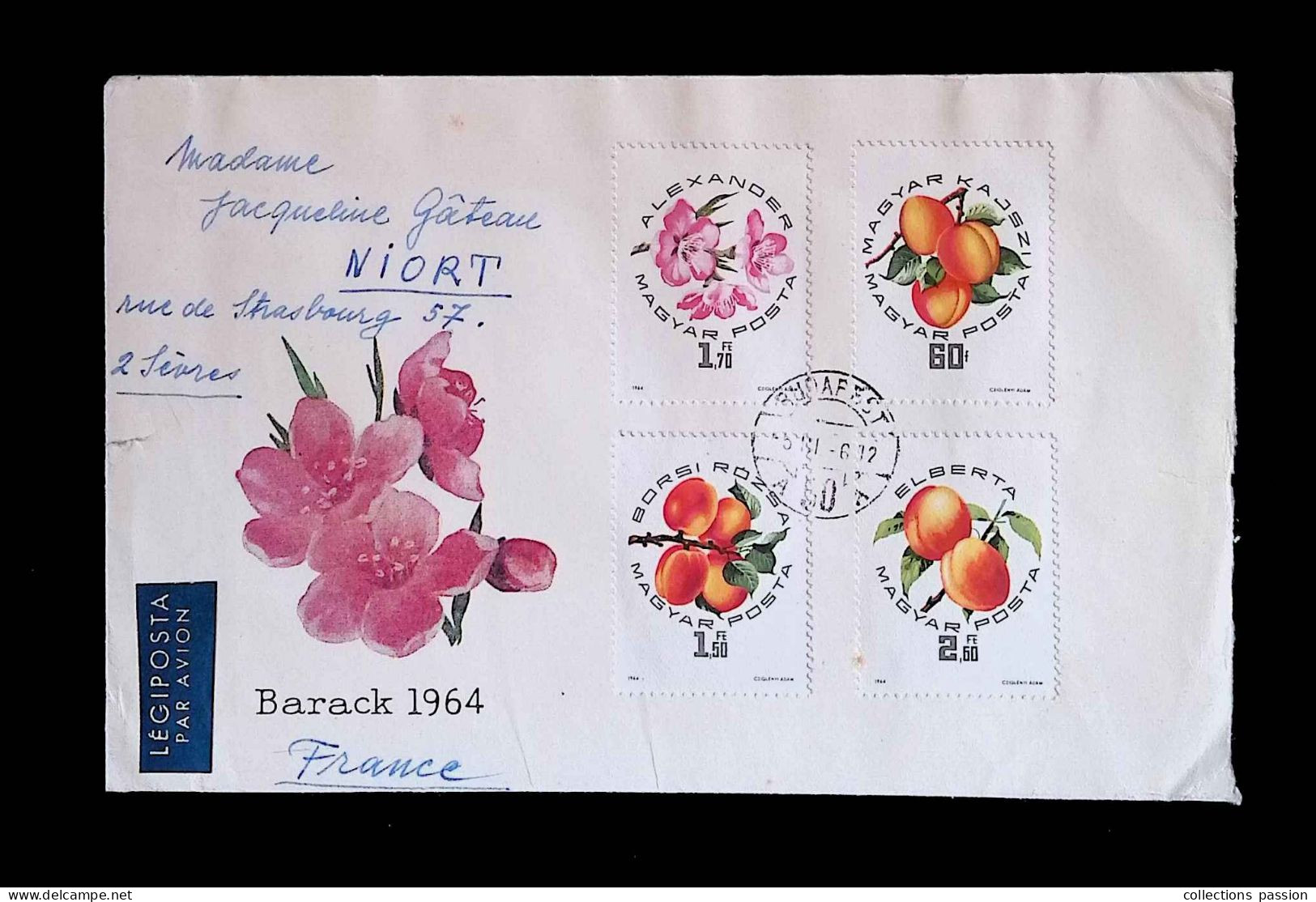 CL, Lettre, Légiposta, Par Avion, Magyar Posta, Hongrie, Budapest, Barack 1964, Fleurs, Fruits,  Frais Fr 1.75e - Poststempel (Marcophilie)