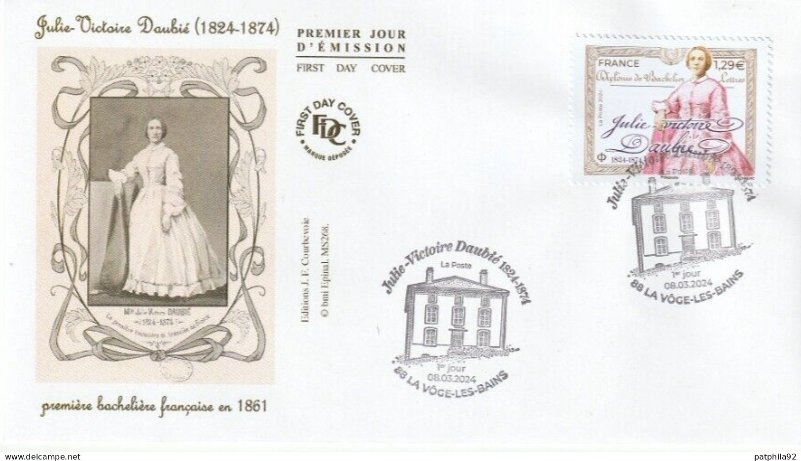 Fdc 2024_Envel. 1er Jour_fdc_Julie-Victoire Daubié, Première Bachelière Française.PJ 88 La Vôge-les-Bains 08/03/24. - 2020-…