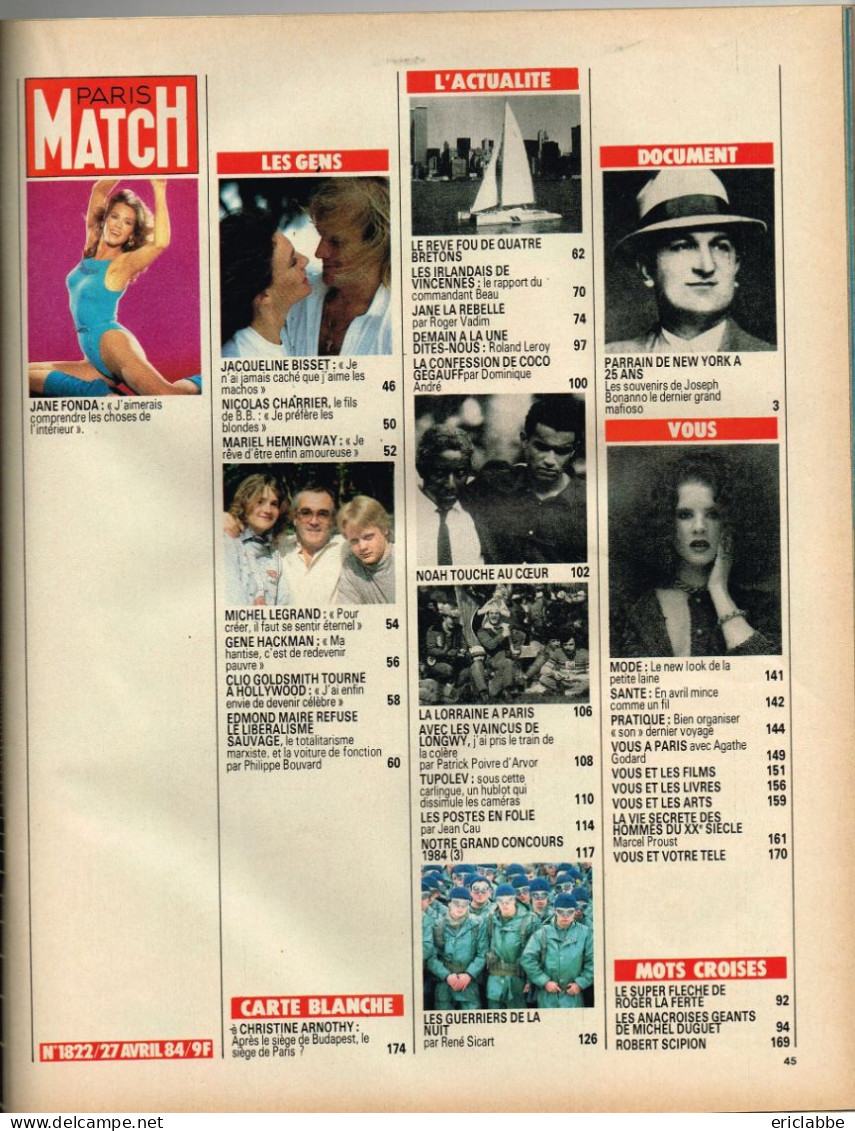 PARIS MATCH N°1822 Du 27 Avril 1984 Jane Fonda - Affaire Des Irlandais - Les 4 Rois De L'Atlantique - Postes En Folie - Allgemeine Literatur