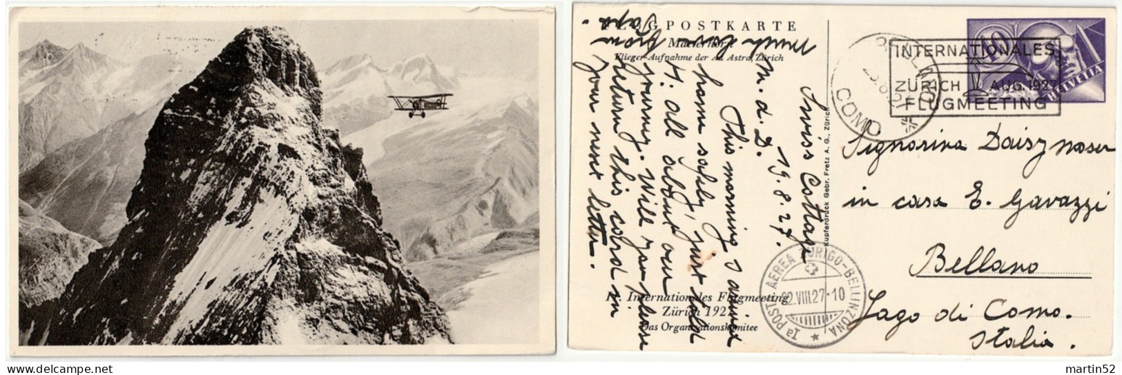 Schweiz Suisse: Ganzsache / Entier / Stationery ⊙ "FLUGMEETING "Matterhorn" 22.VIII.1927 Zürich > Bellinzona >> BELLANO - Eerste Vluchten