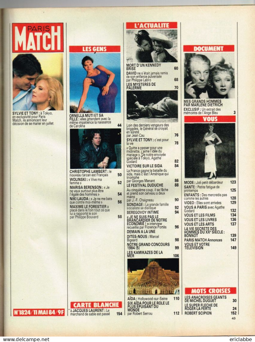 PARIS MATCH N°1824 Du 11 Mai 1984 Sylvie Vartan Et Tony Scotti - Kennedy - Marlene Dietrich - Mafia - General Issues