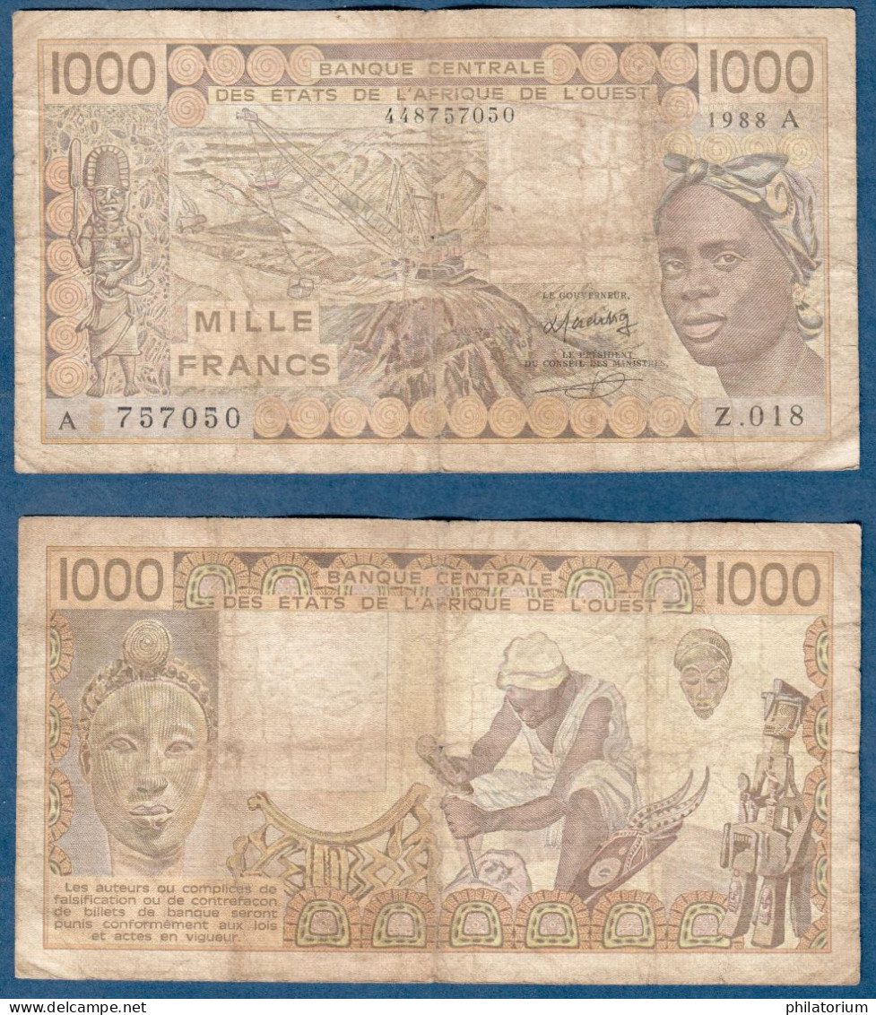 1000 Francs CFA, 1988 A, Côte D' Ivoire, Z.018, A 757050, Oberthur, P#_07, Banque Centrale États De L'Afrique De L'Ouest - West-Afrikaanse Staten