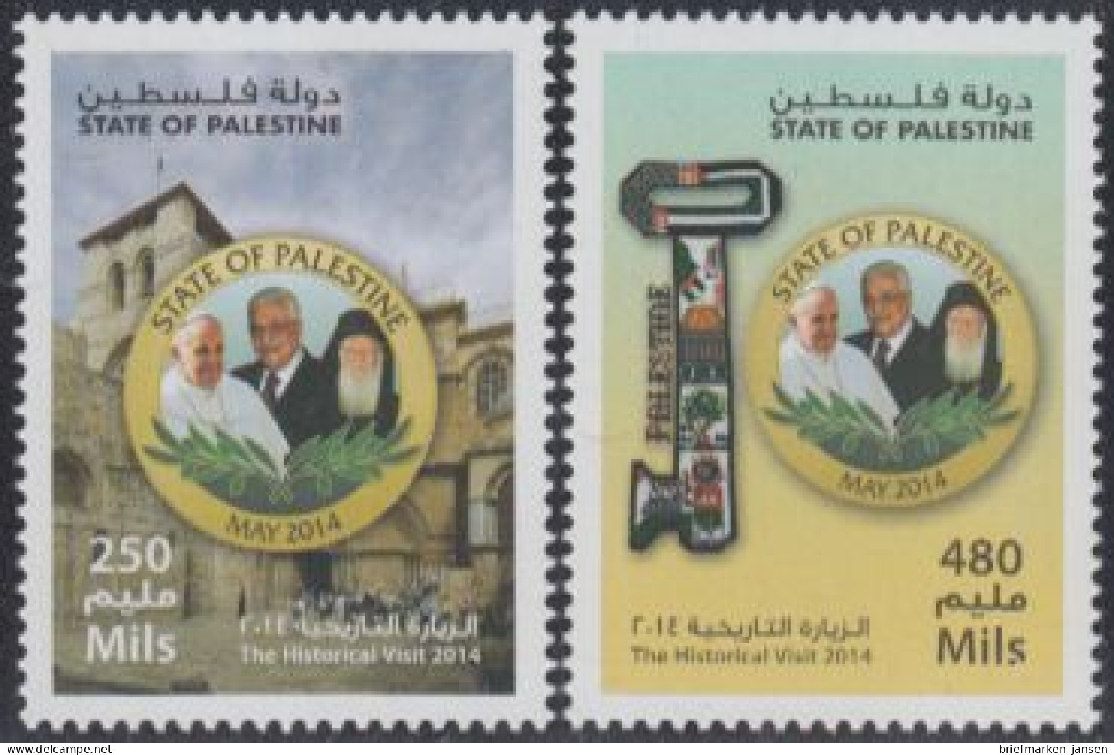 Palästina Mi.Nr. 317-18 Papst Franziskus, Präs.Abbas, Patr.Bartholomaios (2 W.) - Palestine