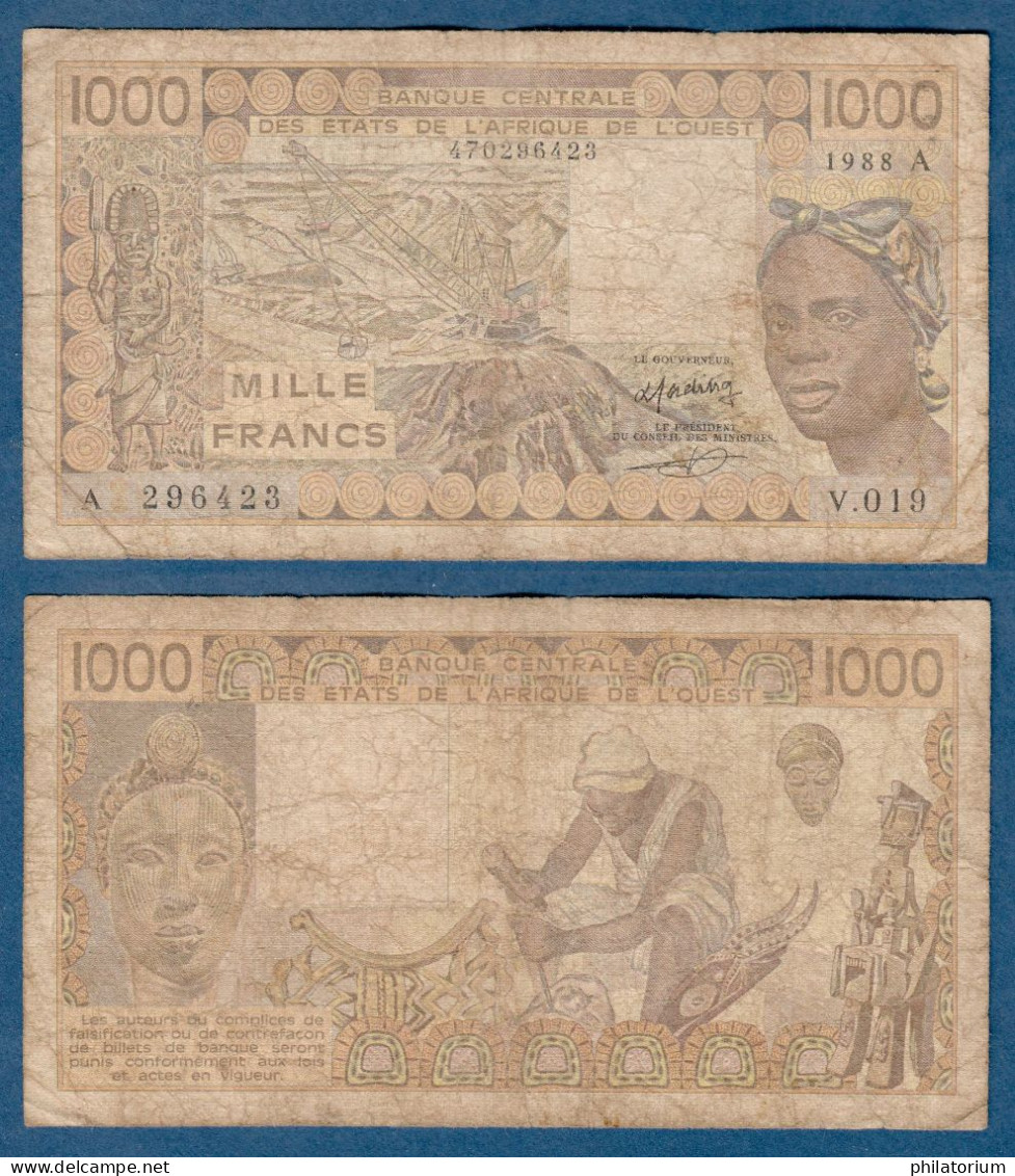 1000 Francs CFA, 1988 A, Côte D' Ivoire, V.019, A 296423, Oberthur, P#_07, Banque Centrale États De L'Afrique De L'Ouest - West-Afrikaanse Staten