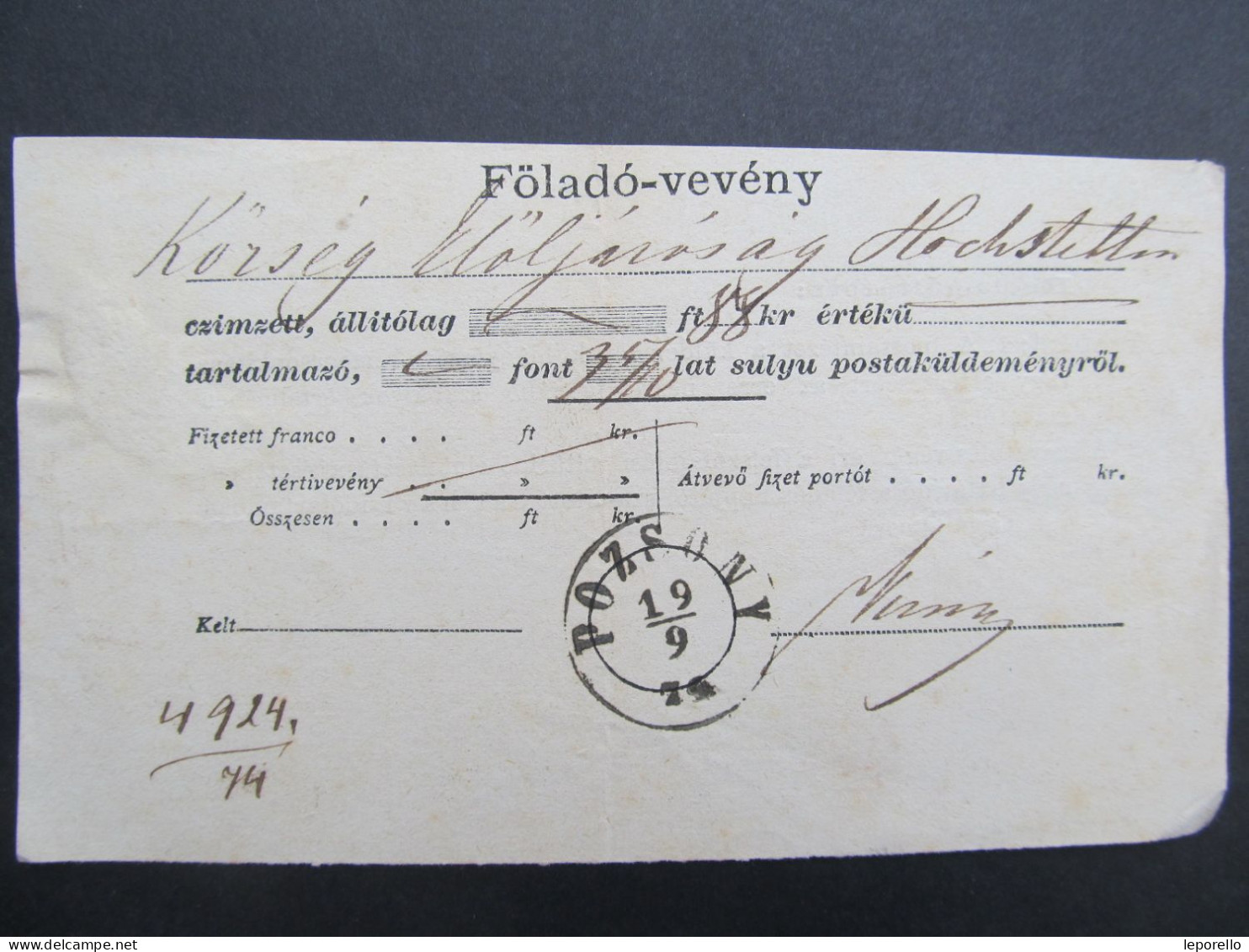 Föladó Vevény Pozsony Bratislava Slovakia 1874 /// P5154 - Storia Postale