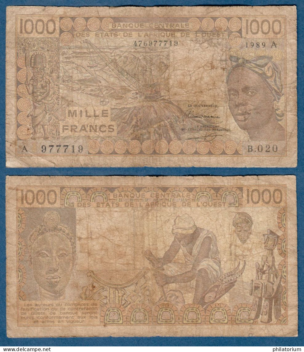 1000 Francs CFA, 1989 A, Côte D' Ivoire, B.020, A 977719, Oberthur, P#_07, Banque Centrale États De L'Afrique De L'Ouest - West-Afrikaanse Staten