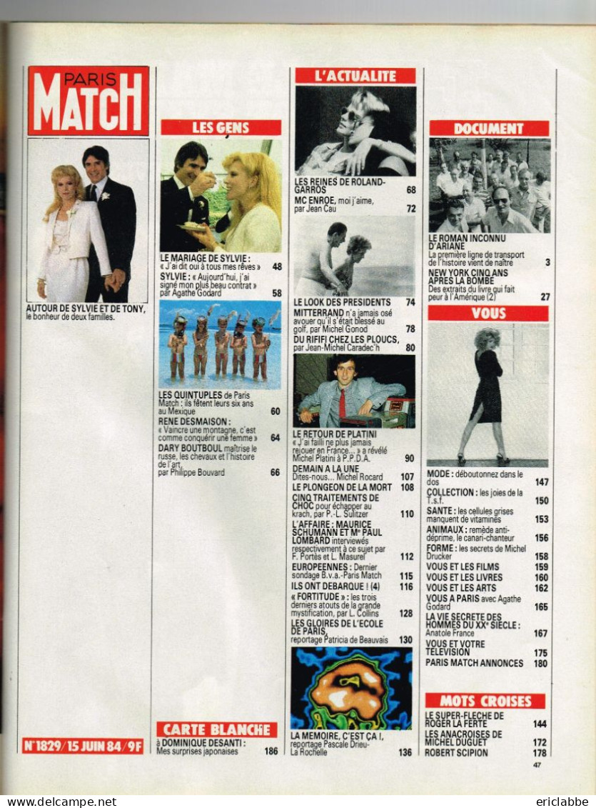 PARIS MATCH N°1829 Du 15 Juin 1984 Sylvie Vartan Et Tony Scotti Mariés - Platini - Elections : Ultimes Sondages - General Issues