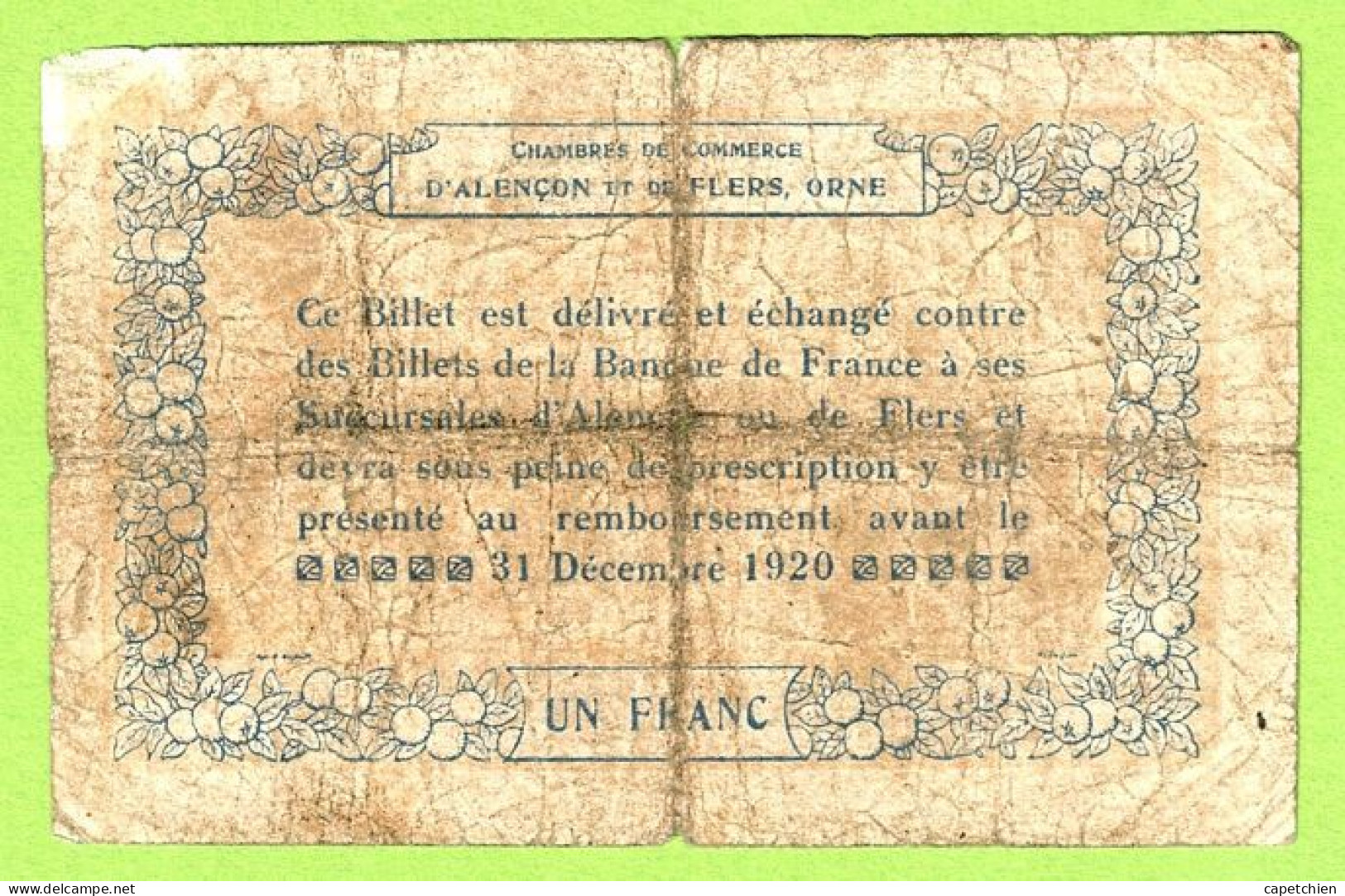 FRANCE / CHAMBRE DE COMMERCE / ALENCON & FLERS / 1 FRANC /  10 AOUT 1915  / SERIE 2-0-1 / N° 2359 - Camera Di Commercio