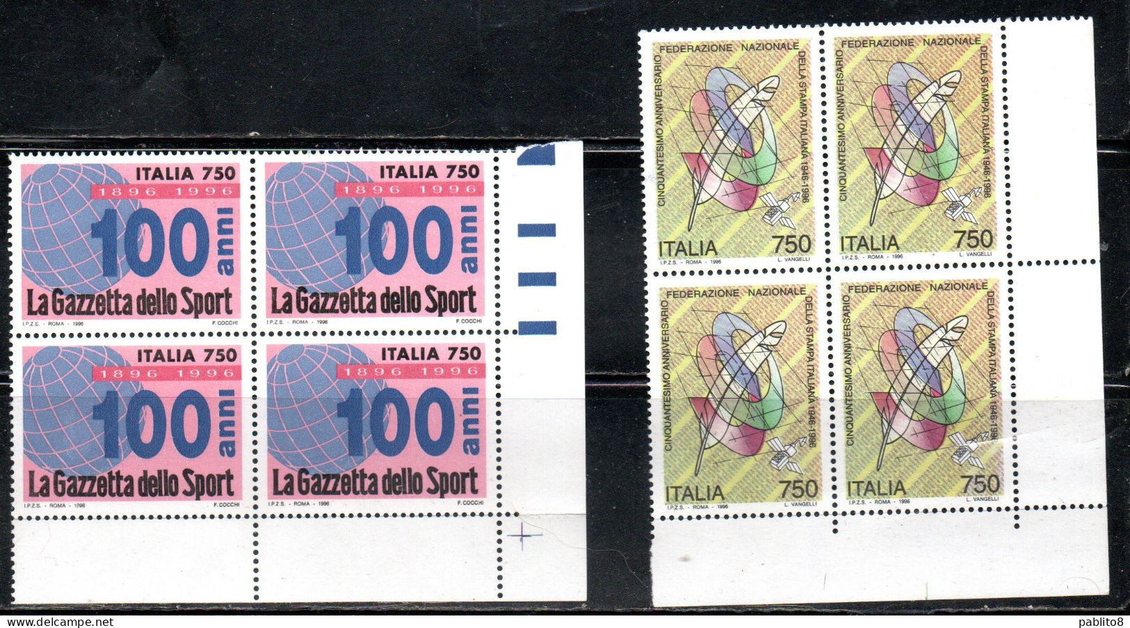 ITALIA REPUBBLICA ITALY REPUBLIC 1996 STAMPA ITALIANA E LA GAZZETTA DELLO SPORT SERIE QUARTINA ANGOLO DI FOGLIO MNH - 1991-00: Mint/hinged