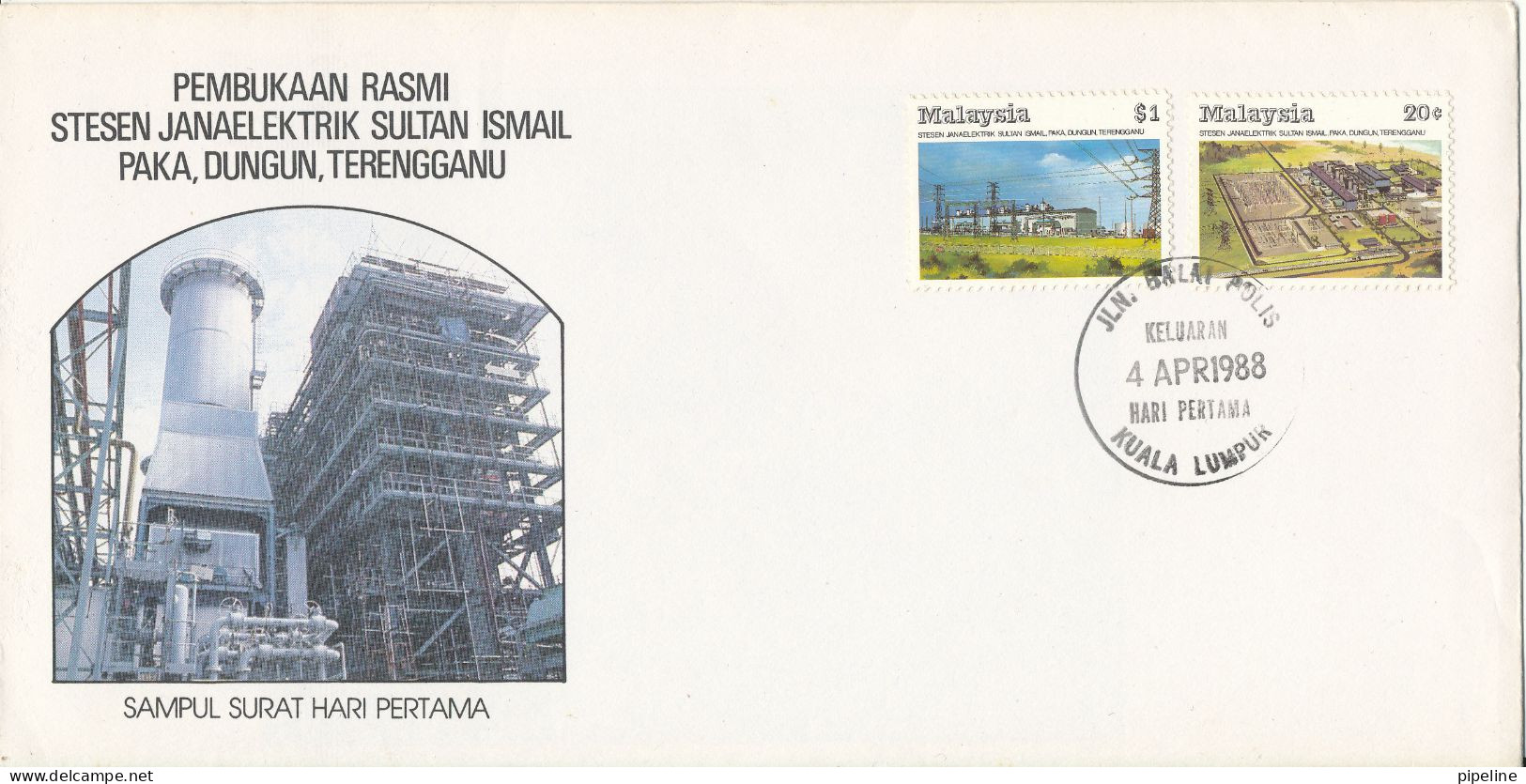 Malaysia FDC 4-4-1988 Opening Of Sultan Ismail Power Station Trengganu Complete Set Of 2 With Cachet - Malaysia (1964-...)