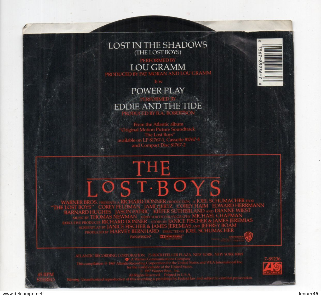 * Vinyle  45T -  Lou Gramm - Lost In The Shadows (The Lost Boys) - Power Play Performd By Eddie And The Tide - Soundtracks, Film Music