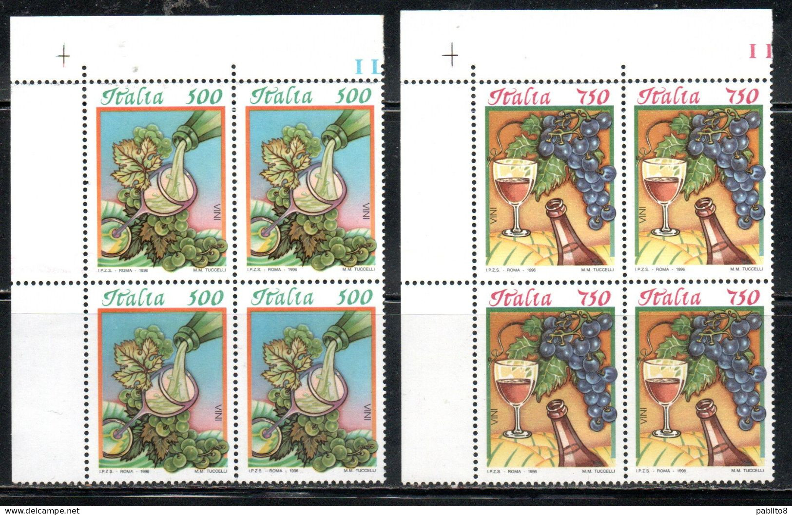 ITALIA  REPUBBLICA ITALY REPUBLIC 1996 CIBI ITALIANI ITALIAN FOOD SERIE COMPLETA SET QUARTINA ANGOLO DI FOGLIO BLOCK MNH - 1991-00:  Nuovi