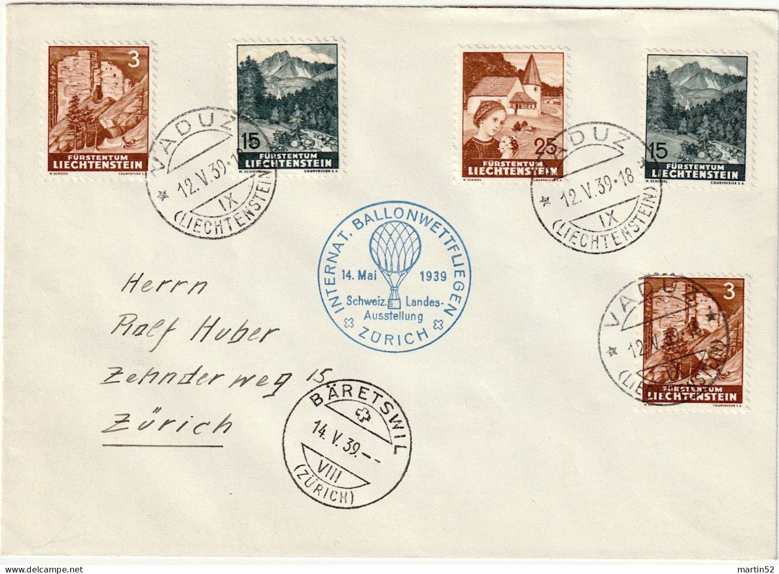 Liechtenstein 1939: BALLON-WETTFLIEGEN ZÜRICH Zu 126+129+131 Mi 156+159+161 Ab VADUZ 12.V.39 Bis BÄRETSWIL 14.V.39 - Luchtpostzegels