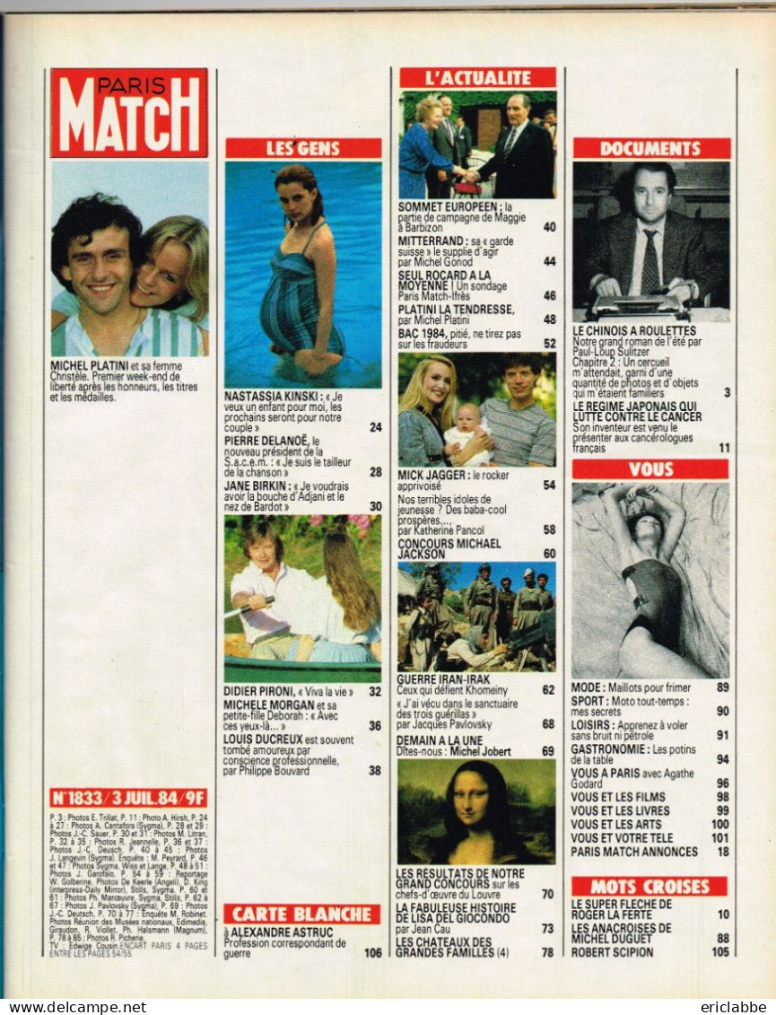 PARIS MATCH N°1833 Du 13 Juillet 1984 Platini Et Christelle - Michael Jackson - La Joconde A Gagné - Sondage - Informations Générales