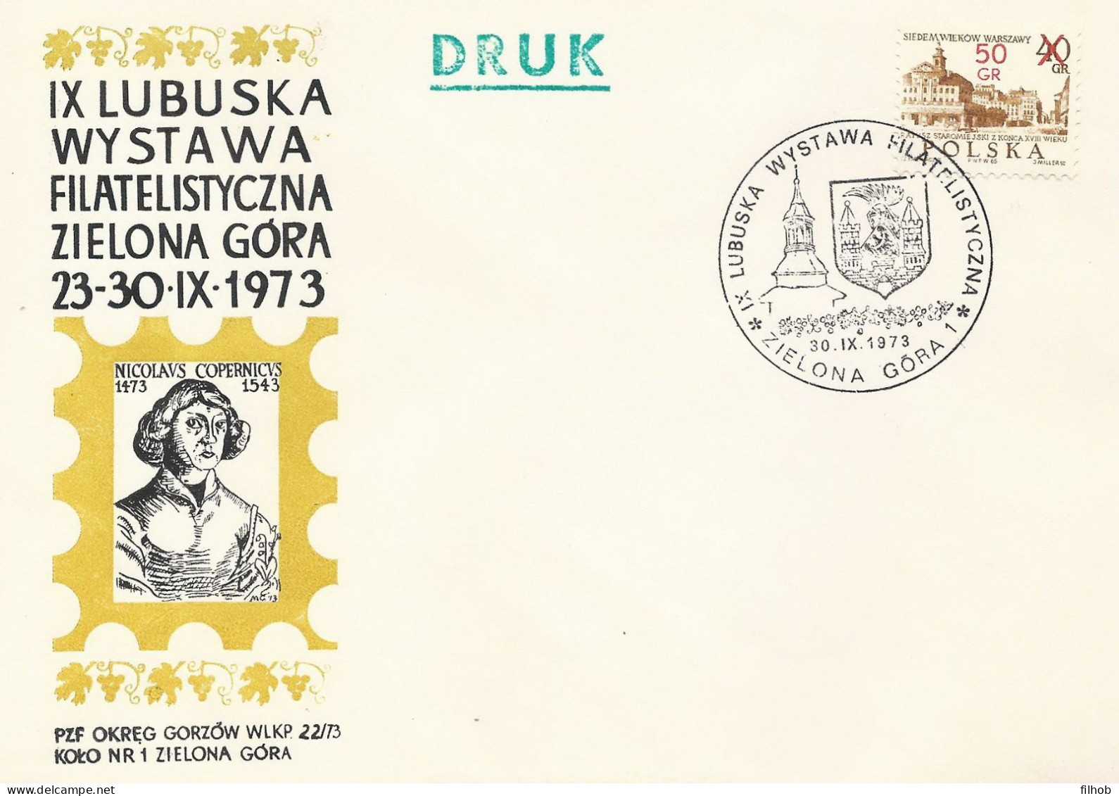 Poland Postmark D73.09.30 ZIELONA GORA.kop: Philatelic Exhibition Crest Copernicus (analogous) - Stamped Stationery