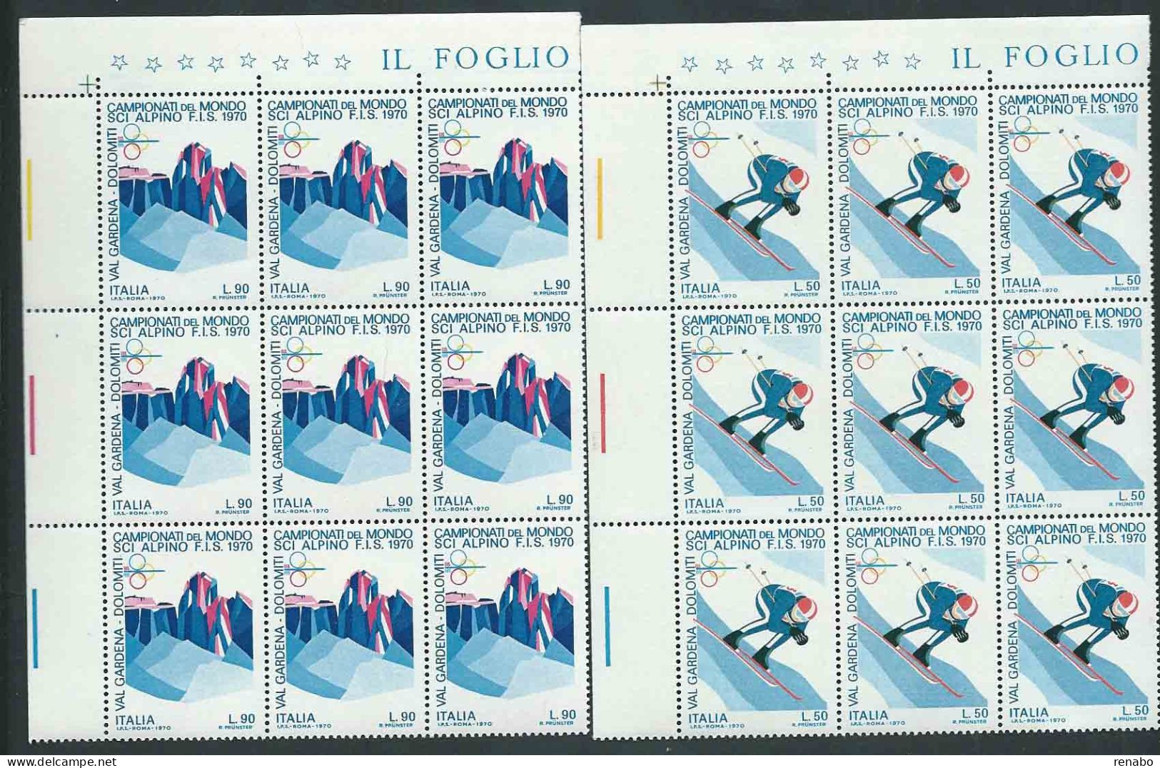 Italia 1970; Campionati Mondiali Di Sci Alpino. Serie Completa In Blocchi D’ Angolo Di 9 Francobolli - Blocks & Sheetlets