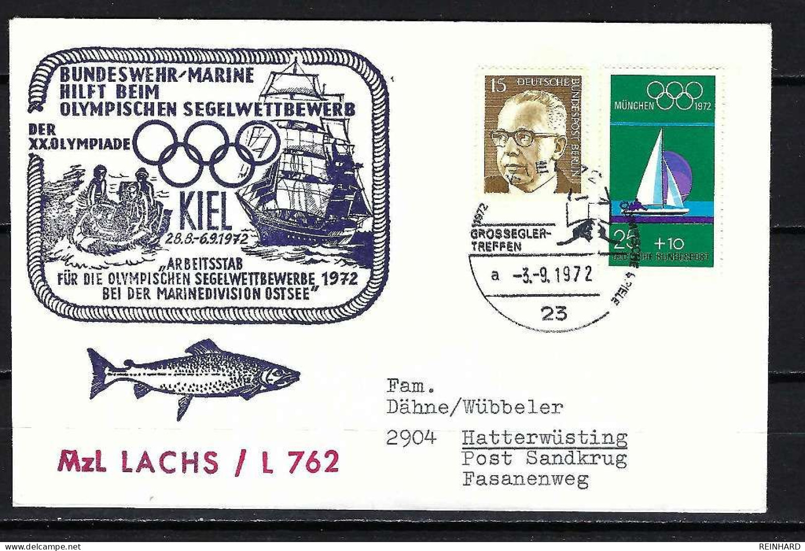 BUND Beleg Schiffspost MzL Lachs L 762 Großseglerstreffen Kiel 3.9.1972 - Maritime