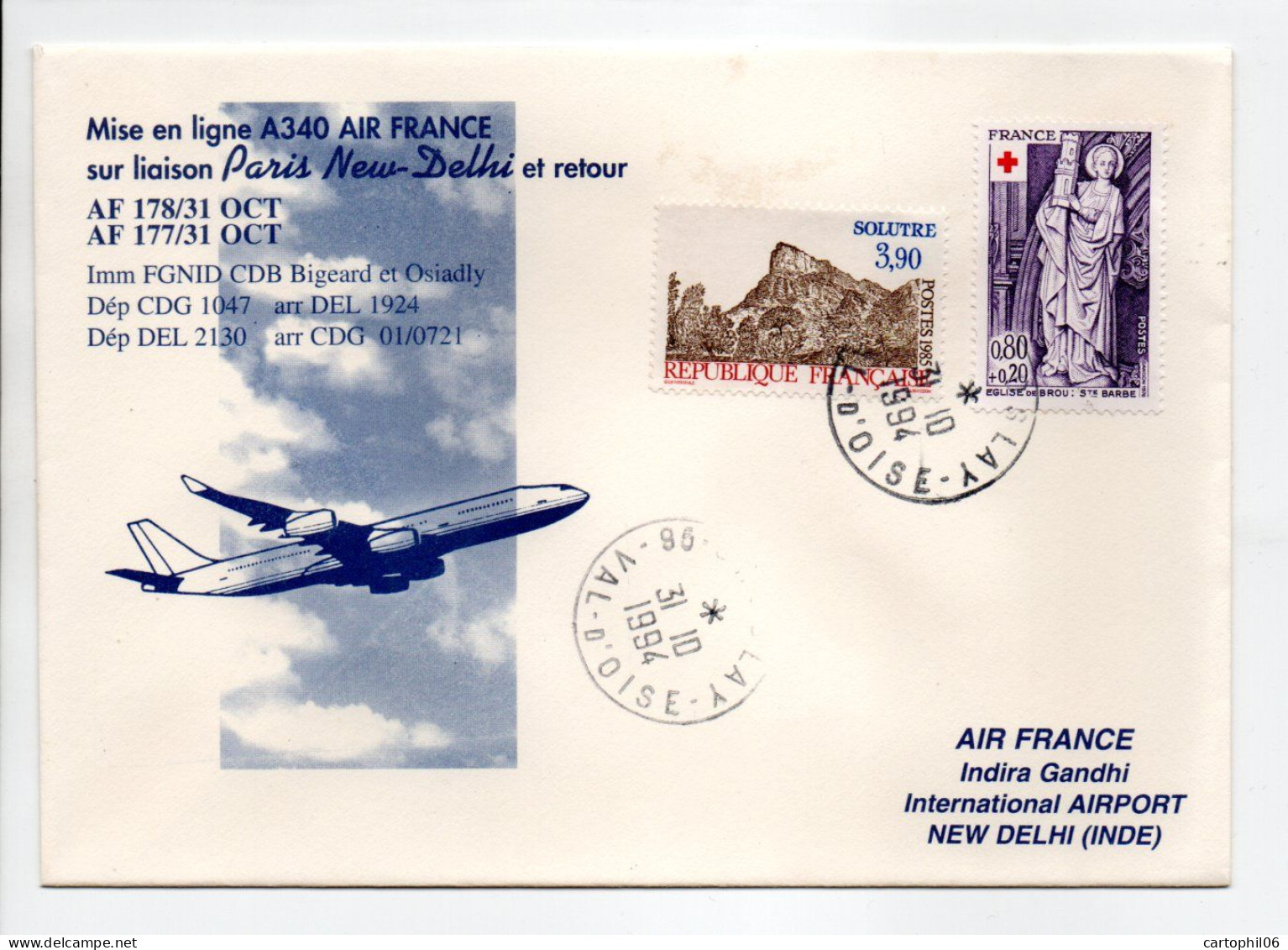 - PREMIER VOL PARIS / NEW DELHI 31.10.1994 - AIRBUS A 340 AIR FRANCE - - First Flight Covers