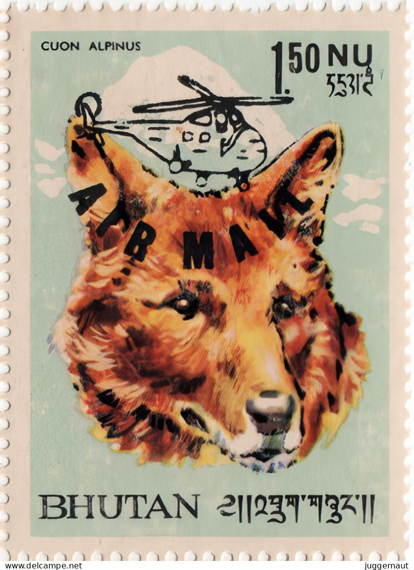 Asian Wild Dog 1.50Nu Airmail Overprint Postage Stamp 1966 Bhutan MNH - Honden