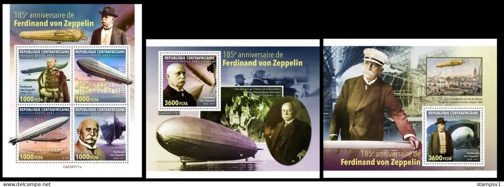 Central Africa 2023 185th Anniversary Of Ferdinand Von Zeppelin. (711) OFFICIAL ISSUE - Zeppelins