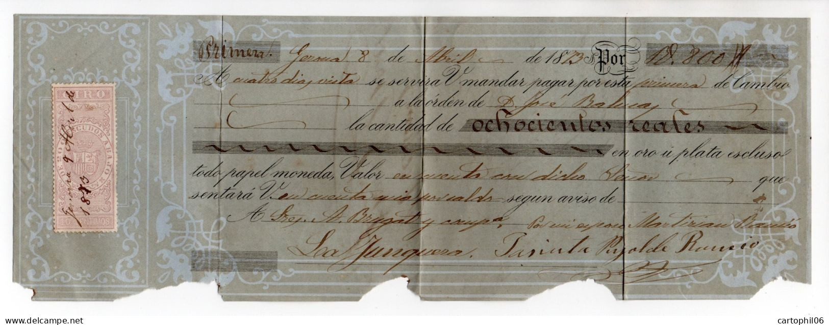 - Reçu GERONA Pour LA JUNQUERA (Espagne) 9.4.1873 - Timbre Fiscal 200 ESCUDOS A. BAJO - - Steuermarken