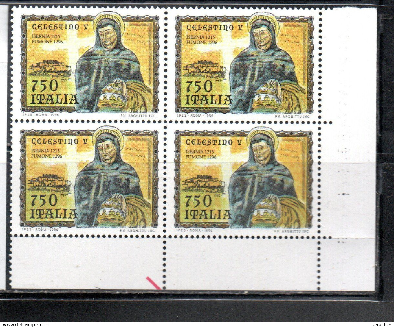 ITALIA REPUBBLICA ITALY REPUBLIC 1996 PAPA CELESTINO V POPE QUARTINA ANGOLO DI FOGLIO BLOCK MNH - 1991-00: Mint/hinged